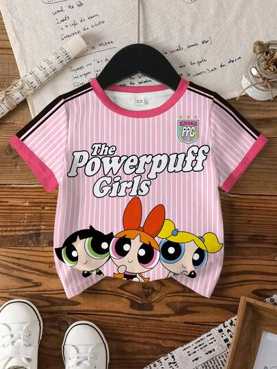 THE POWERPUFF GIRLS X SHEIN Baby Girl Casual Fashionable Street Style Cute Cartoon Letter & Stripe Print Ringer Short Sleeve T-Shirt, Suitable For Daily Wear