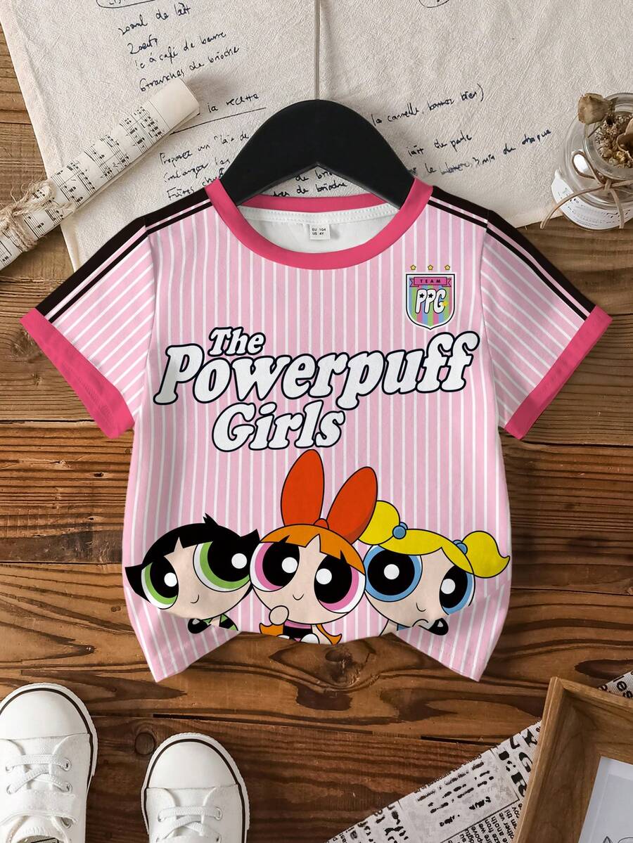 THE POWERPUFF GIRLS X SHEIN Baby Girl Casual Fashionable Street Style Cute Cartoon Letter & Stripe Print Ringer Short Sleeve T-Shirt, Suitable For Daily Wear - White - View 1