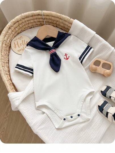 新生儿男女宝宝休闲日常趣味校园藏青领连体衣，适合春夏穿着