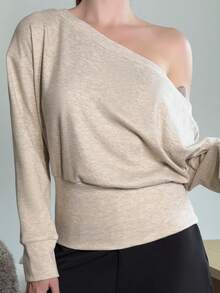 Abrilcols Apricot Knit Asymmetric Shoulder Long Sleeve Top For Women, Autumn/Winter - Apricot - View 5