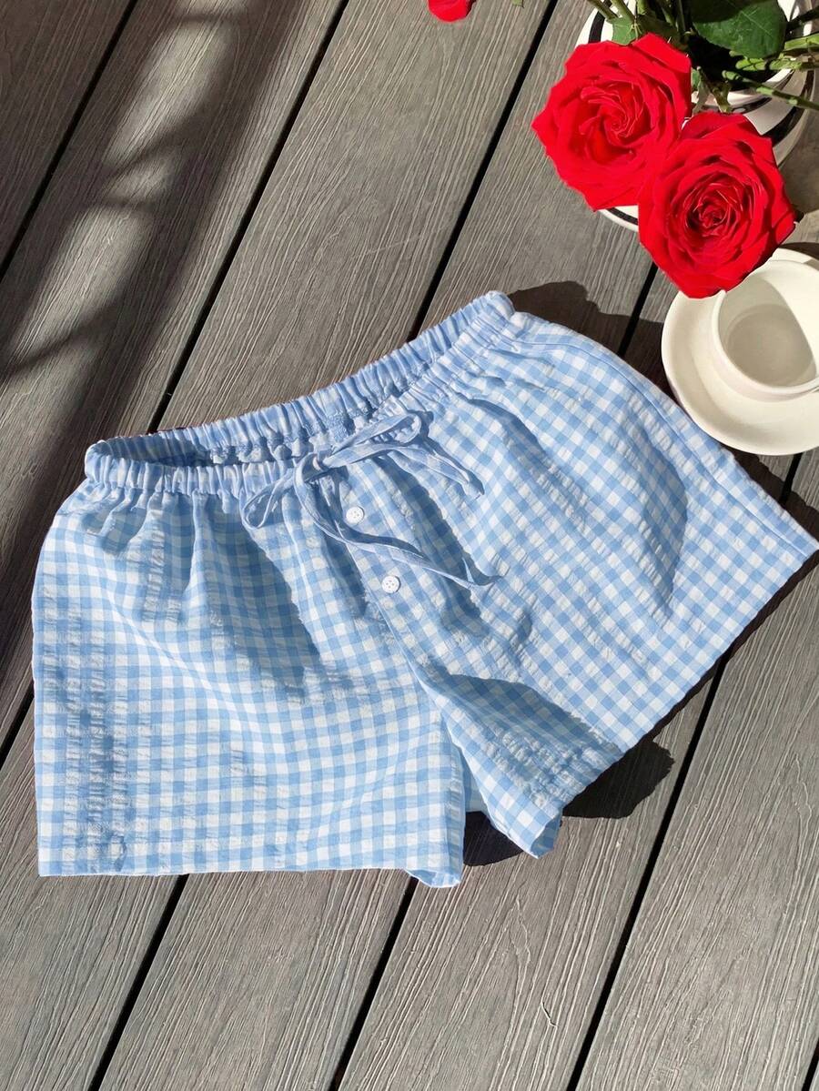 Comfortcana 2026 Spring/Summer New Fashion Women's Casual Blue Plaid Cotton Linen Shorts, New Year Outfit Plaid Shorts - Blue - View 1