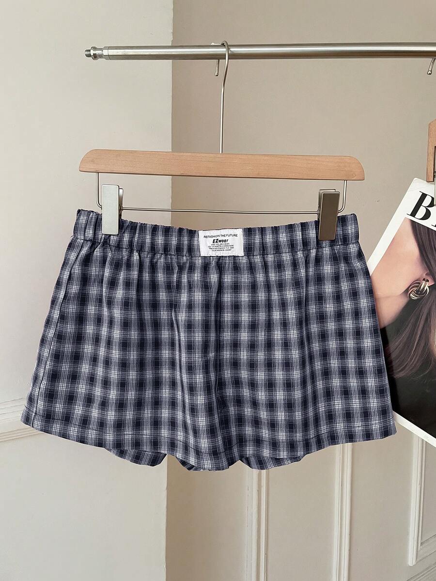 SHEIN EZwear 女士海军蓝格子梭织阔腿短裤 - 藏蓝色 - 查看 1