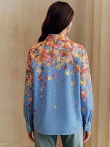 Anewsta Blusa de mujer con estampado de pintura al óleo con rayas azules y blancas, estilo de vacaciones románticas, decorada a mano con cuentas y lentejuelas con diseño floral - Azul - Ver 2