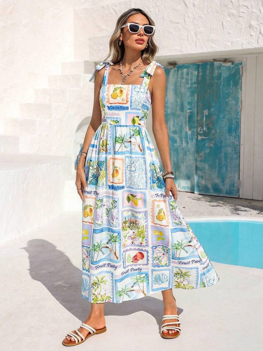 Vivid Eden Women's White Summer Boho Holiday Vacation Holiday Artistic Square Print Dress,Lace-Up Back Cinched Waist A-Line Casual Spring Picnic Dresses - Aqua Blue - View 1