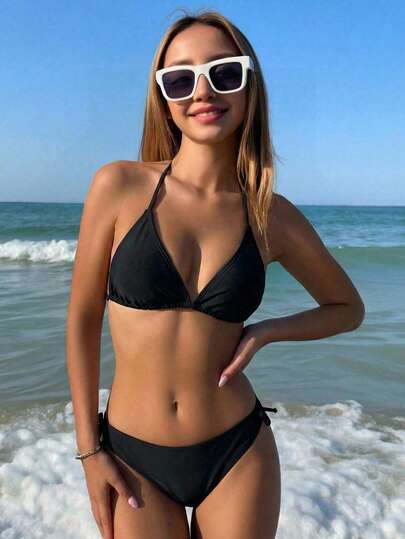 SHEIN Teen Girl Black Solid Color All-Match Swimsuit, Versatile For Spring/Summer 2026 Tropical Vacation