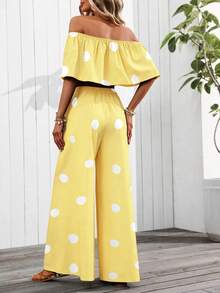 EMERY ROSE Women's Vacation Off-Shoulder Polka Dot Print Blouse And Wide-Leg Pants 2-Piece Set (Floral Pattern Randomly Cut) - Yellow - View 2