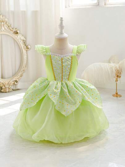 SHEIN Glamorique Kids Đầm công chúa cho bé gái, đầm công chúa màu xanh lá cây, chất liệu chiffon mềm mại, tay phồng, thích hợp cho tiệc sinh nhật, đám cưới, lễ hội, váy dạ hội bằng vải tuyn nhiều màu sắc, kiểu dáng Trung Đông & Châu Âu.