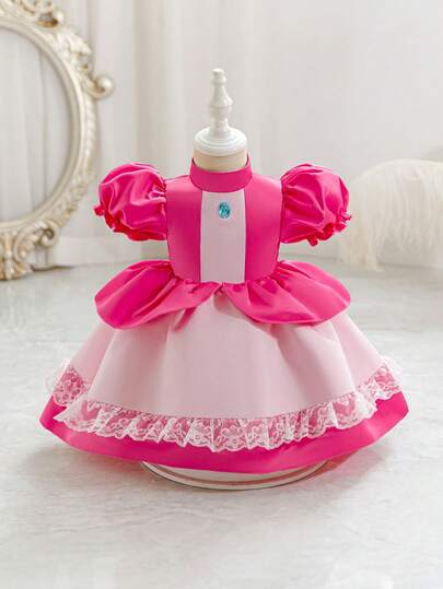 SHEIN Glamorique Kids Baby Girls' Princess Satin Dress, Rose Red, Puff Sleeves, Gemstone, White Lace Trim, Birthday Party, Wedding Holiday Formal Dress, European And American Style