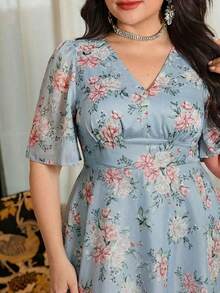 Modelyn 女士V领荷叶边短袖收腰A字浪漫优雅大码度假连衣裙，春夏款 - 彩色 - 查看 5