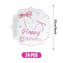 粉色边四瓣花蝴蝶结一次性餐盘、餐巾纸和杯子，派对用品套装，可供 24 人使用，一次性纸质派对餐具，适合生日、婚礼、主题派对、家庭野餐。 - 查看 10