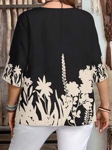 EMERY ROSE Plus Size Casual Minimalist Floral Print Shirt, Suitable For Summer - Black - View 2