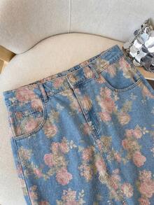 SHEIN MOD 大码夏季休闲碎花开衩牛仔裙 - 中等水洗藍 - 查看 5