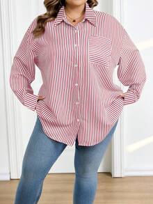 SHEIN CURVE+ 大码女式格子印花落肩口袋贴花衬衫 - 玫紅色 - 查看 6