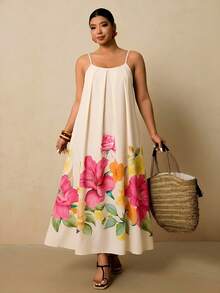 Travachic 大码女式黑色热带花卉印花连衣裙，吊带宽松长款连衣裙，带口袋 - 彩色 - 查看 3