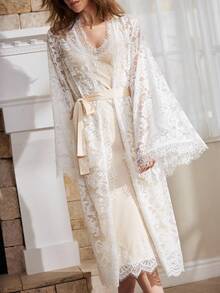 女士优雅撞色蕾丝吊带连衣裙和开衫睡衣套装，夏季 - 香檳色 - 查看 6