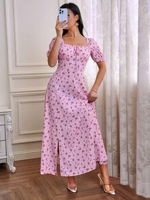 Modelyn 女士方领碎花开衩假日夏季短袖连衣裙长款晚礼服 - 粉色 - 查看 3