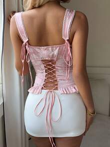 CovetEZ Áo nữ dáng ôm màu hồng nhạt kiểu cổ điển, chất liệu vải jacquard màu macaron, ren vintage, dây đeo vai có thể điều chỉnh và chun lưng, phối ren tinh tế, kiểu dáng ôm sát tôn dáng. - Hồng - Xem 2