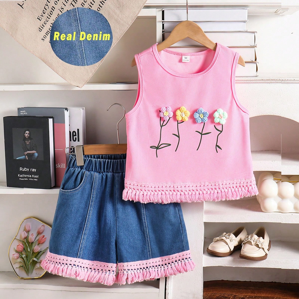 Set de 2 piezas de niña preadolescente para primavera/verano, con parte superior formal dulce y texturizada con patrón floral bordado, combinada con