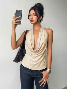 Aloruh Sexy Draped Collar Studded Backless Halter Top,Summer Top - Beige - View 3