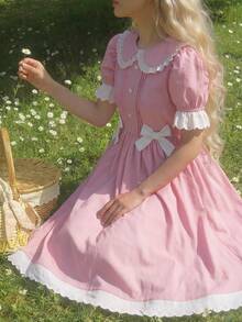 Đầm trắng dễ thương cho bé gái tuổi teen, cổ Peter Pan, tay phồng, thắt nơ ở eo. - Hồng - Xem 3