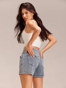 GLOWMODE Quần short denim Luxe PimaSoft Confident Strides 4 inch thoáng khí, cạp chéo, đường may nâng mông, thích hợp mặc hàng ngày vào mùa hè. - Màu xanh nhạt - Xem 6