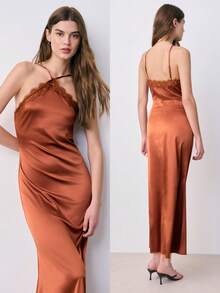Satin Slip Midi Dress In A Rich Terracotta Brown Tone With A Sleek, Fluid Silhouette That Drapes Effortlessly Over The Body. Features A Halter Neckline With Delicate Lace Trim Detailing, Adding A Feminine And Refined Touch. Lightweight And Softly Glossy, This Elegant Dress Is Perfect For Evening Wear, Dinner Outfits, Party Looks, And Special Occasions. Ideal For Summer Nights, Vacation Styling - Brown - View 4