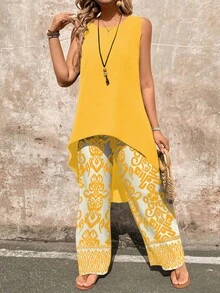 EMERY ROSE Set de 2 piezas con parte superior sin mangas de dobladillo alto-bajo de unicolor y pantalones de pierna ancha con estampado geométrico para mujer, ideal para vacaciones - Amarillo - Ver 3