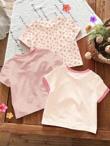 SHEIN Bộ 3 áo thun ngắn tay cổ tròn Happikins dành cho bé gái, kiểu dáng thường ngày và đa năng, với họa tiết hoa bohemian dễ thương, sọc pastel nhẹ nhàng và nơ 3D, phù hợp cho mùa xuân/hè ở nhà, đi nghỉ mát và đi học. - Nhiều màu - Xem 2