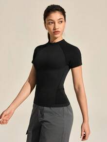 SHEIN In My Nature 纯色短袖修身运动户外T恤 - 黑色 - 查看 6