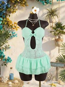Lyxana Women's Sequins Ruffle Mesh Patchwork Backless Mini Dress - Mint Blue - View 3