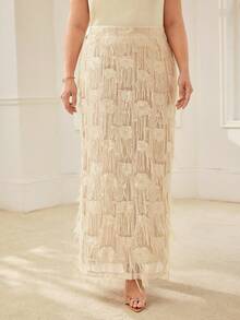MOTF PREMIUM PLUS SIZE SEQUIN FRINGE SLIT SKIRT, SPRING/SUMMER - Apricot - View 4