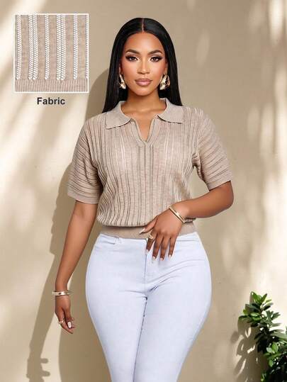 SOLERSUN Women's Casual Solid Color Short-Sleeved Knitted Top With Lapel Collar And Ribbed Details, Simple And Stylish For Everyday Wear, Suitable For Daily Outdoor Activities, And Perfect For All Seasons.