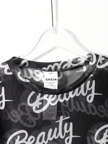 SHEIN ChillGRL Tween Girl Graphic Letter Print 2pcs Set,Pink Cropped T-Shirt+Skinny Shorts,Sports Casual,Black,White,Athletic,Summer,Gym Stretchy Fashion Outfit - Black - View 3