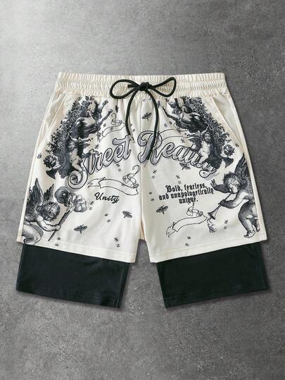 ROMWE MEN Anime Pantalones cortos deportivos con estampado gótico para hombre, aptos para uso diario en primavera y verano