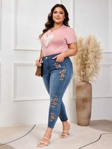 EMERY ROSE Plus Size Women's Autumn Embroidered Vintage Washed Denim Jeans Brown - Medium Wash - View 4