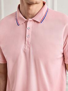 Officeau Polo de golf pour hommes avec bordure contrastée, col à demi-boutons, chemise décontractée légère et douce pour le travail, cadeau pour le petit ami, pour le golf, pour le port quotidien, pour l'été, pour le tennis - Rose bonbon - Voir 5