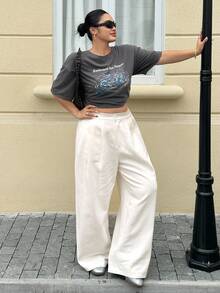 Dazy Plus Plus Size Women Solid Color Casual Loose Fit Long Pants, Versatile For Commuting, All Season, Spring/Summer, White - White - View 4