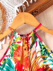 SHEIN Đầm cổ yếm dệt họa tiết hoa nhiệt đới thời trang thường ngày cho bé gái đi nghỉ mát, đầm cổ yếm dáng rộng in họa tiết cây nhiệt đới, trang phục ton sur ton cho mẹ và bé. - Nhiều màu - Xem 4