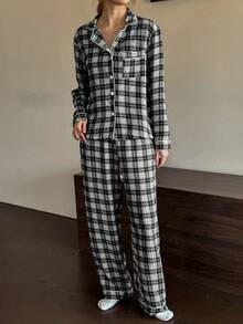 Dream Adore Bộ đồ ngủ dài tay nữ kiểu dáng thường ngày, in họa tiết kẻ caro xanh trắng, có cổ. - màu đen - Xem 6