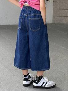 SHEIN 青少年女孩時尚返校街頭風混搭百搭設計 Y2k 復古酷街頭深藍色寬鬆寬腿七分牛仔褲 日常穿搭 春夏電音節慶與街頭風 - 藍色 - 查看 3