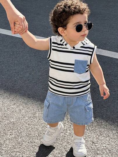 SHEIN Playful Pals 2件套婴儿/幼儿男童夏季条纹蝙蝠袖连帽卫衣和牛仔工装短裤套装，休闲时尚街头风