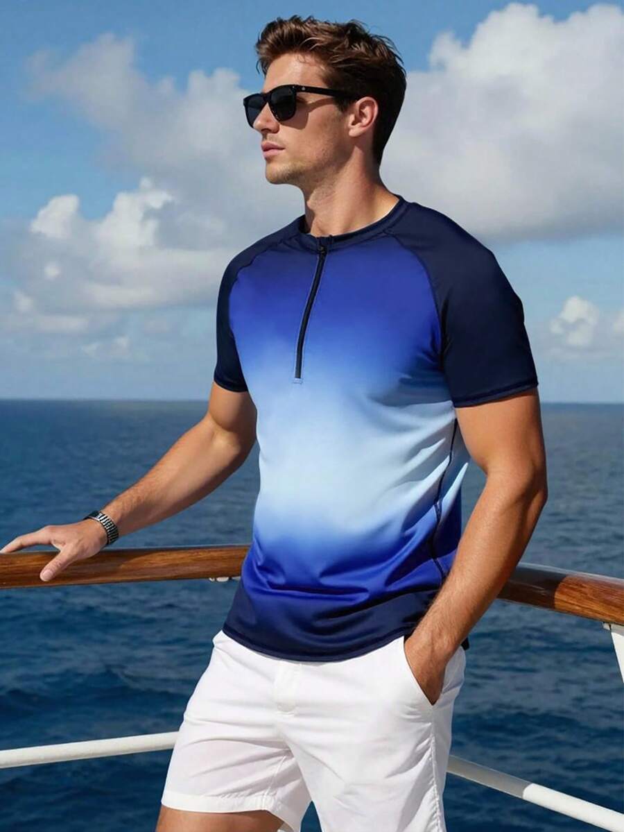 ZELFYO 男士渐变色插肩短袖拉链半开襟防晒衣 - 藍色 - 查看 1