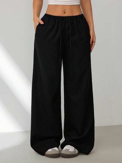 SHEIN PETITE Quần dài nữ màu đen dệt kim dáng rộng, kiểu dáng thường ngày, có túi xéo.