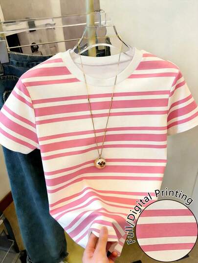 Resyla Camiseta de manga corta de cuello redondo a rayas para mujer, de uso versátil y casual para uso diario