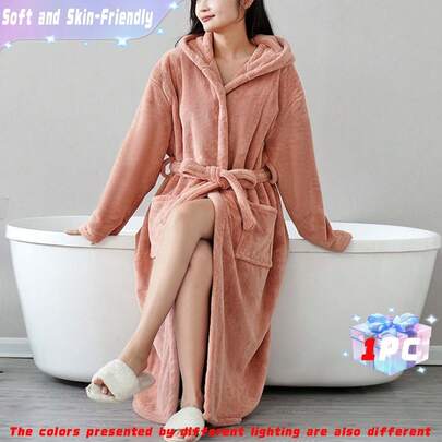 1 Women's Pink Long Premium Flannel Bathrobe, Fluffy And Soft Long Bathrobe, Warm Flannel Shawl Collar Bathrobe, Warm Pajamas With Deep Pockets, Adult Comfortable Warm Flannel Blanket With Sleeves And Large Pockets, Indoor And Outdoor Comfortable Hooded Blanket Gift