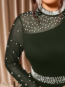 Cravure 大码女式立领仿珍珠装饰优雅收腰派对连衣裙 - 軍綠色 - 查看 5