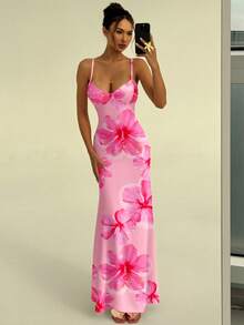 Aloruh Vacation Spaghetti Strap Tie-Up Bodycon Printed Dress For Women, Spring/Summer,Pink Dress - Pink - View 6