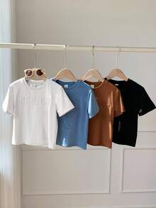 SHEIN 4pcs/Set Young Boys' Casual 3D Letter Print Short Sleeve T-Shirts,Versatile Comfortable Tees For Summer,School,Outings,Back-To-School Season - Multicolor - View 5