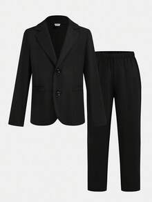 SHEIN 两件套青少年男童绅士风修身休闲西装外套及裤子，含领带，绅士套装，派对礼品，返校服，秋冬季 - 黑色 - 查看 3