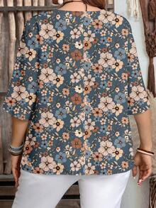 EMERY ROSE Casual Minimalist Style Vintage Ditsy Floral 3/4 Sleeve Shirt For Women, Suitable For Spring And Summer - Multicolor - View 2